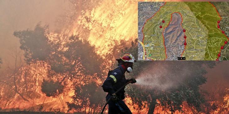 Ο χάρτης με τις ενεργές εστίες της φωτιάς